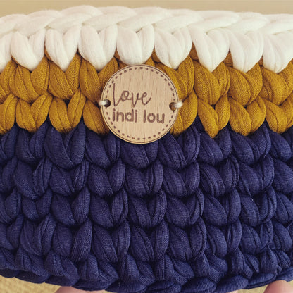 Crochet Storage Basket - Navy Blue, Mustard + Cream