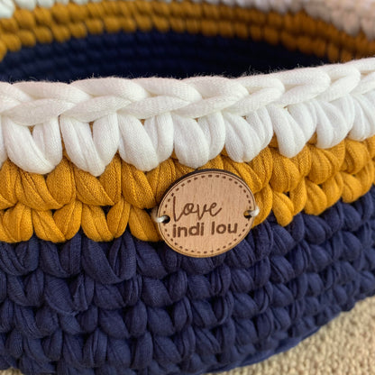 Crochet Storage Basket - Navy Blue, Mustard + Cream