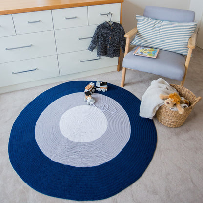 Nursery Round Crochet Rug - Navy Blue, Grey + White