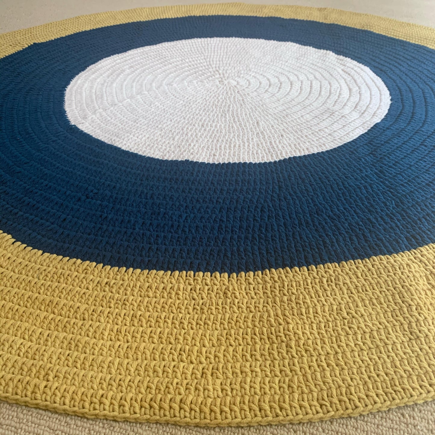 Nursery Round Crochet Rug - Navy Blue, Mustard + Cream