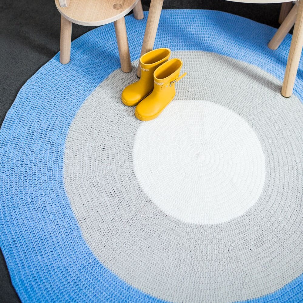 Nursery Round Crochet Rug - Pastel Blue, Grey + White