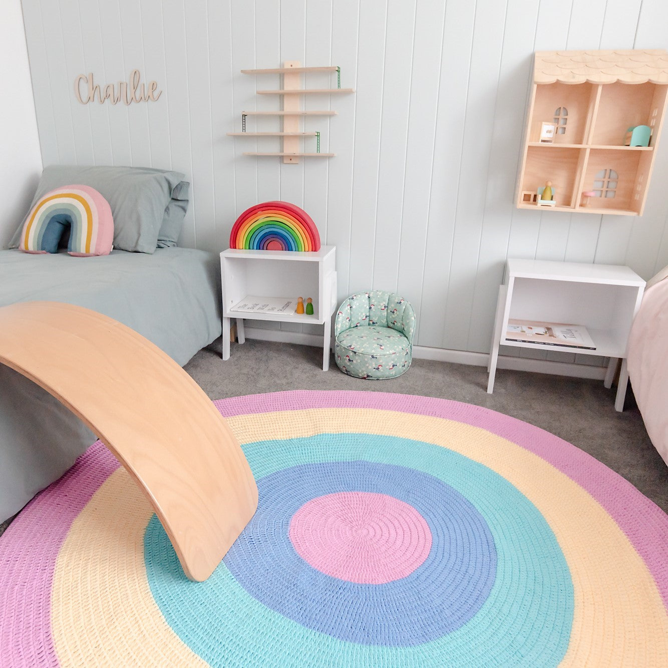 Nursery Round Crochet Rug -  Pastel Purple Rainbow