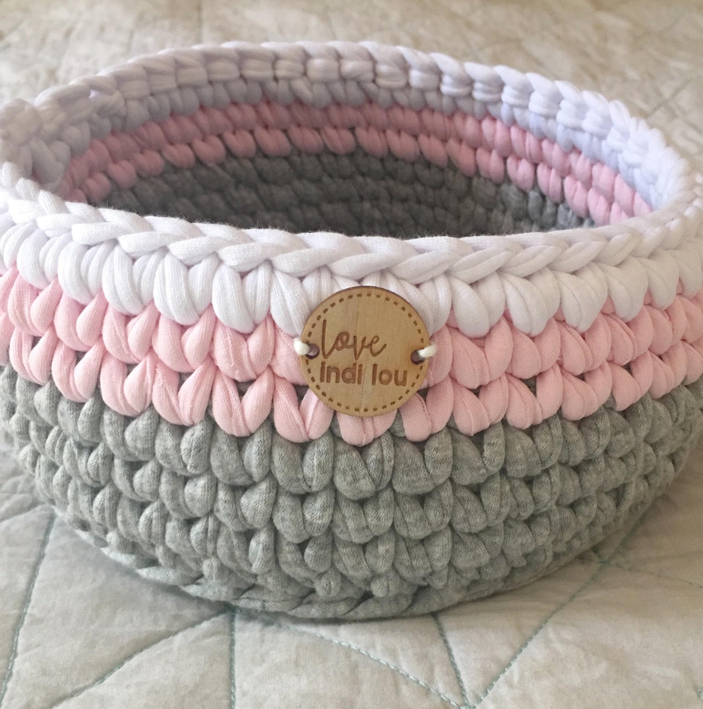 Crochet Storage Basket - Blush Pink, Grey + White